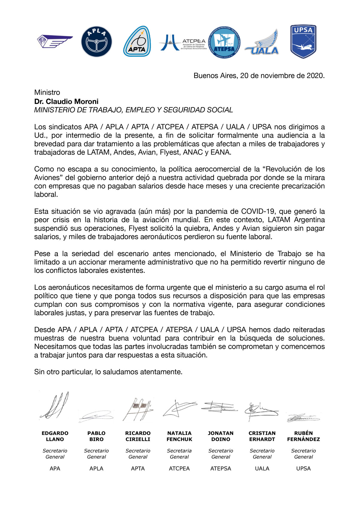 SOLICITUD DE AUDIENCIA CON EL MINISTRO DE TRABAJO